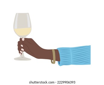 Black Female hand holding glass of Champagne or wine. Hand drawn  Vector illustration. Celebration concept. Christmas or New Year Greeting card, Party Invitation, Poster. Isolated on white background.