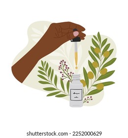 Black female hand holds pipette for skincare with abstract shape and greenery. Serum, oil product. Hand draw vector illustration