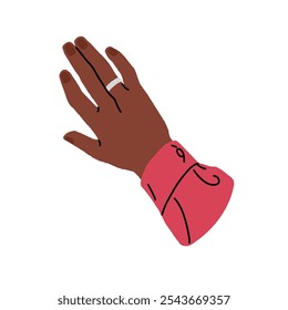 Black female hand with jewelry top view. African American woman with silver ring on her finger. Girl's arm in shirt has groomed manicure, nails. Flat isolated vector illustration on white background