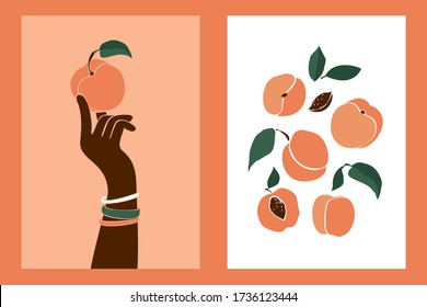 Black female hand with a peach and a bracelet in a retro aesthetic style. Peaches with leaves, seeds in pastel colors. Set of minimalism modern trend posters for home party decor. Vector illustration.