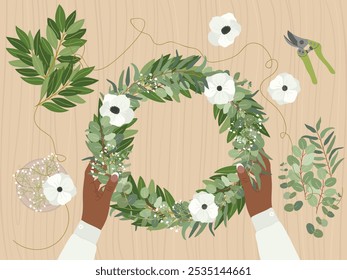 Black female hands making wedding wreath at floristic workshop with eco-friendly materials. Eucalyptus, bay leaves and anemone flowers. Florist at work. Hand drawn vector illustration