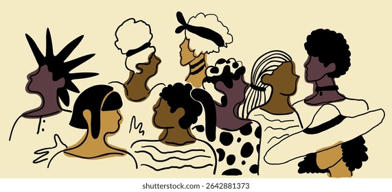 black female horizontal illustration in doodle style in vector. Element for poster sticker design banner decoration prints postcards