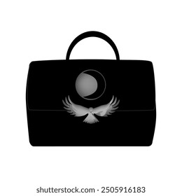 Black female leather bag raven clasp and moon symbol isolated on white background. Witch bag, Halloween costume design element. Vector illustration