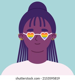 Black female in a LGBTIQ flag sunglasses. Pride month concept. Vector illustration