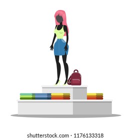 Black female mannequin in the clothing store. Silhouette of dummy in green t-shirt and blue skirt. Isolated vector flat illustration