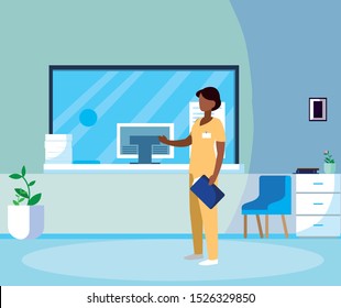 black female medicine worker in hospital reception vector illustration design