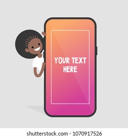 Black female millennial character peeping out from behind the mobile phone. Your text here. Template. Smart phone screen. Flat editable vector illustration, clip art