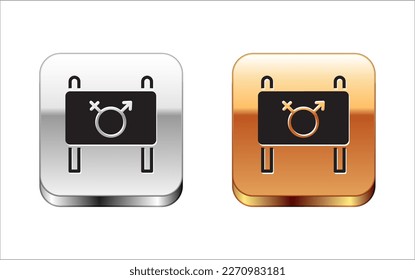 Black Female movement, feminist activist with banner and placards icon isolated on white background. Feminist rights movement, feminism sisterhood. Silver and gold square buttons. Vector
