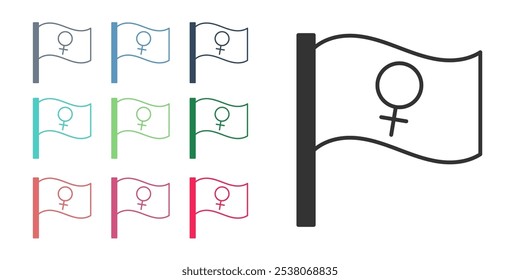 Black Female movement, feminist activist with banner and placards icon isolated on white background. Feminist rights movement, feminism sisterhood. Set icons colorful. Vector