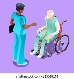 Black female nurse and patient sitting in wheelchair, vector image