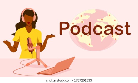 Black female Podcast speaker with microphone and earphone. Podcast or broadcast or live video concept spreading online world wide. Vector illustration, flat design