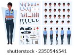 Black Female Police Officer Character creation with Emotions, Lip-sync, Gestures, Equipment for Animation and Rigging Vector Illustration