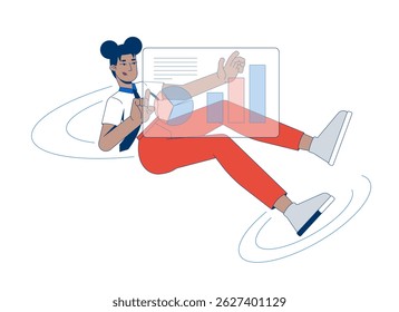 Black female professional floating with dashboard 2D cartoon character. African american woman analyst interacting with data charts flat vector person isolated on white. Spot illustration colorful