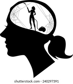 Black female profile with a silhouette of woman, cleaning cobweb, vector illustration