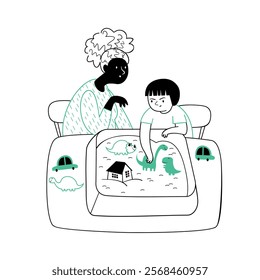 Black female psychologist doing sand therapy with a child. Vector illustration sand therapy.