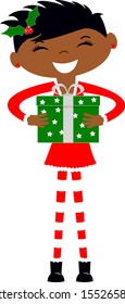 Black female Santa in red Christmas Outfit giving green gift smiling cute girl Xmas character