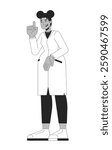 Black female scientist with lab coat and pointing gesture black and white 2D line character. STEM researcher african american woman isolated vector outline person. Monochromatic spot illustration