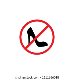 Black Female Shoe With High Heel In Red Crossed Circle. Forbidden,  Unallowed Slipper With Spike Heel.   Vector Illustration On While Background. No High Stiletto Heels.