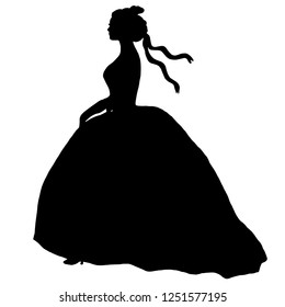 Black female silhouette in ball gone. Bride romantic illustration. Young model, profile. Curly combed hair, ribbons. Nice design for banners, decoupage, scrapbooking, advertising, posters, prints