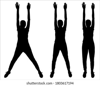 Black female silhouette is isolated on a white background. Three positions in sports. Girl stands with her hands up. Legs together, the width of the shoulders, are very wide. Sport. Fitness. Exercise.