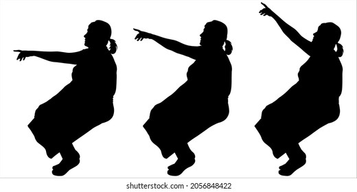 Black female silhouette isolated on white background. Three women sit one after another, side view. Passengers in transport. An older woman sits, shows with her hand, her hand rises higher and higher.