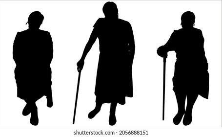 Black Female Silhouette Isolated On White Background. Three Women, Front View. An Older Woman Sits With A Cane In Her Hand. Woman Stands And Leans On A Cane. The Women Are Sitting And Looking Forward