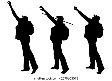 Black Female Silhouette Isolated On White Background. Woman In A Cap With A Bag On Her Back. The Hand With The Stick Is Raised Up. Sporty Silhouette Of A Woman With Hiking Gear. Side View, Profile.