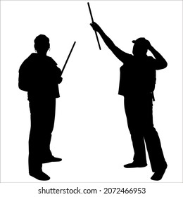 Black female silhouette in pants, with a backpack, in a cap isolated on white background. The woman stands motionless with a stick in her hand. The woman takes a step and raises the stick, the rope up