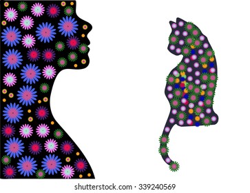 Black female silhouette in profile. Colorful ethnic beads and flowers