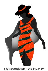 Black female silhouette. A woman in an orange dress and a hat on her head.
