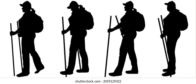 Black female silhouettes isolated on white background. Women on a health walk follow each other. Health way. Side view. Hiking. Tourist in a cap with a cane in his hand and a backpack behind his back.