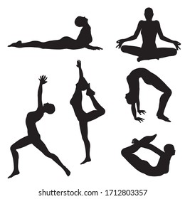 Black female silhouettes in yoga poses on white background.