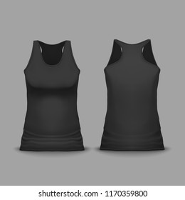 Black Female Sport Tank Top Vector Illustration Of 3d Realistic Model For Branding. Isolated Template Of Casual Sleeveless Vest Or Woman T-shirt Sportswear For Print Mockup Design