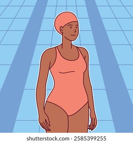 A Black female swimmer stands at the edge of a pool, wearing a pink swimsuit and a swim cap. She looks focused and ready to dive in. The illustration is in a flat vector style.