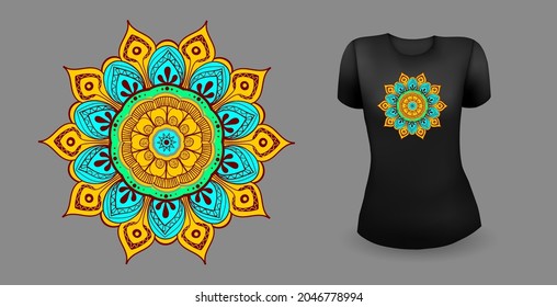 Black female t shirt with mandala. Vector illustration