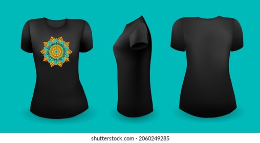 Black female t shirt with mandala. Front, back and side view. Vector