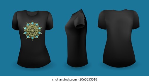 Black female t shirt with mandala. Front, back and side view. Vector