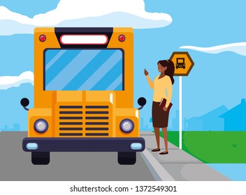 black female teacher in the bus stop