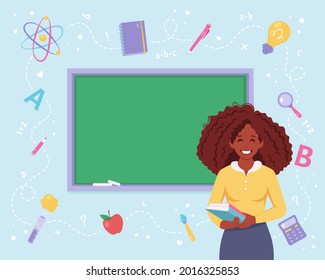 Black female teacher in classroom with chalkboard. Back to school, teacher's day concept. Vector illustration