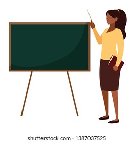 black female teacher with textbook and chalkboard