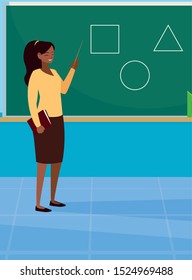 black female teacher with textbook and chalkboard vector illustration design