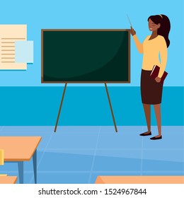 black female teacher with textbook in classroom vector illustration design