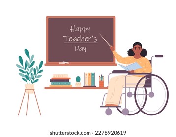 Black female teacher in wheelchair at classroom near blackboard. Education, lecture and lesson at school. Happy Teachers Day. Vector illustration in flat style