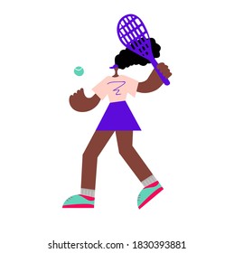 Black female tennis player character with a racket in his hands. Professional or amateur player makes a tennis innings. Vector.