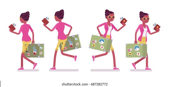 Black female tourist walking, running. Woman in glamorous pink trip wear with retro bag. Front, rear view. Travel, tourism concept. Vector flat style cartoon illustration, isolated, white background