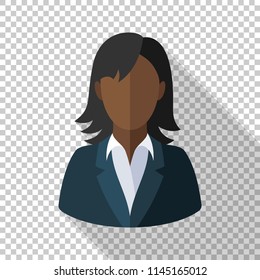 Black female user icon in flat style with long shadow on transparent background
