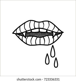Black Female vampire lips with fangs. Hand drawn vector Dotwork Illustration. Graphic sketch for tattoo, poster, clothes, t-shirt design, pins, badges, stickers and coloring book