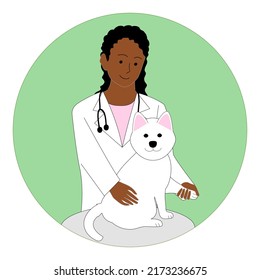 A Black Female Veterinarian Examining A White Dog With White Background