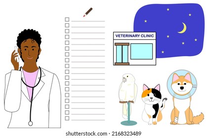 Black Female Veterinarian With Mobile Phone: Veterinary Clinic At Night And A Parrot, Cat And Dog