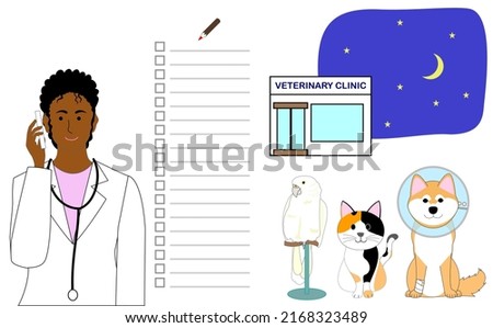 Black female veterinarian with mobile phone: Veterinary clinic at night and a parrot, cat and dog
